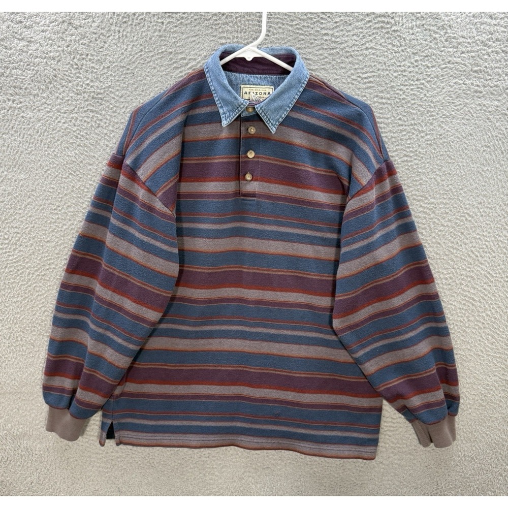 Arizona Jean Company Striped Long-Sleeve Polo in Denim Collar